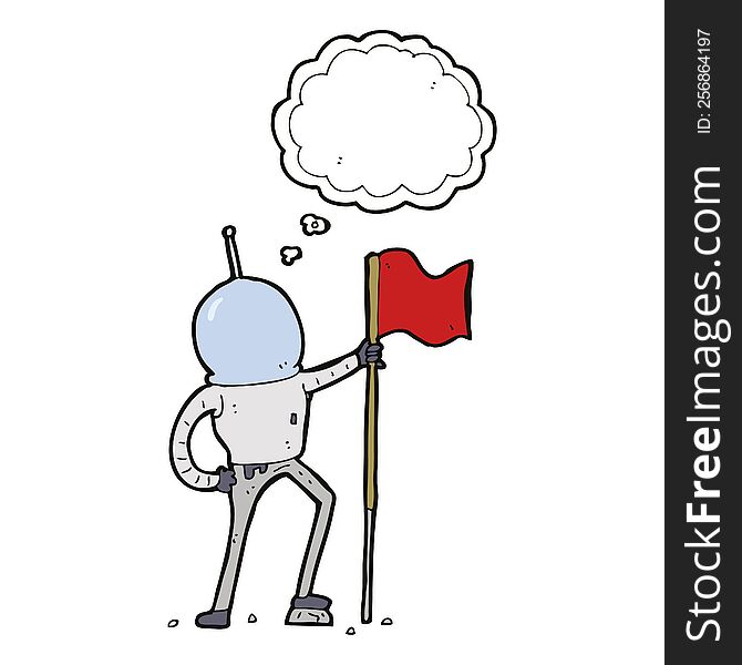 cartoon astronaut planting flag with thought bubble