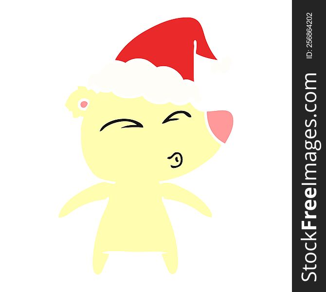 hand drawn flat color illustration of a whistling bear wearing santa hat
