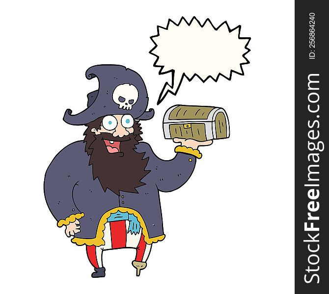 freehand drawn speech bubble cartoon pirate captain with treasure chest