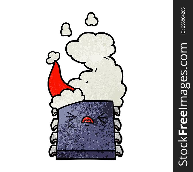 hand drawn textured cartoon of a overheating computer chip wearing santa hat