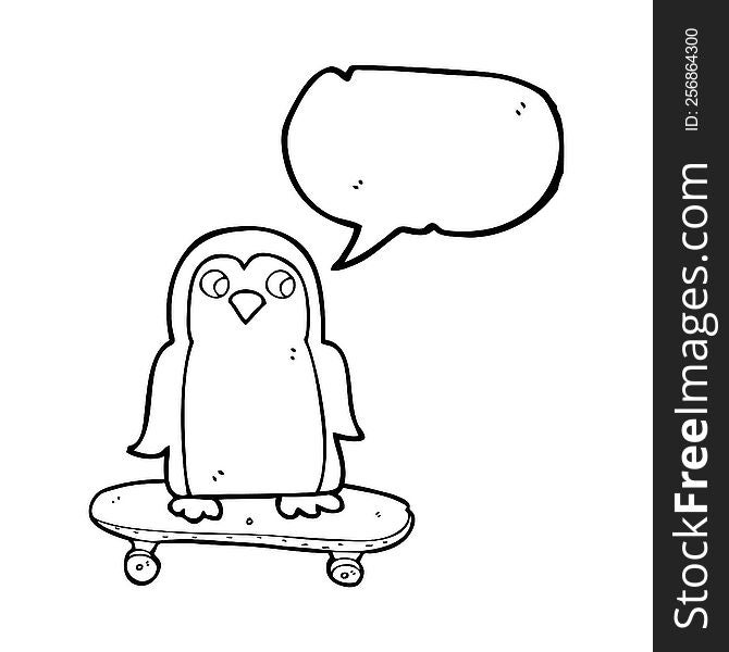 freehand drawn speech bubble cartoon penguin riding skateboard
