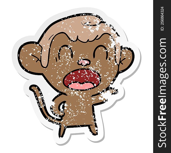 Distressed Sticker Of A Shouting Cartoon Monkey Pointing