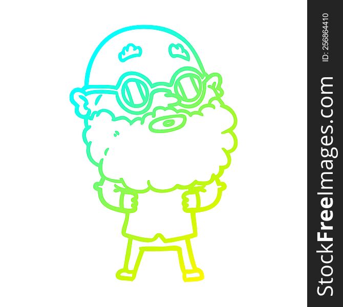 cold gradient line drawing of a cartoon curious man with beard and glasses