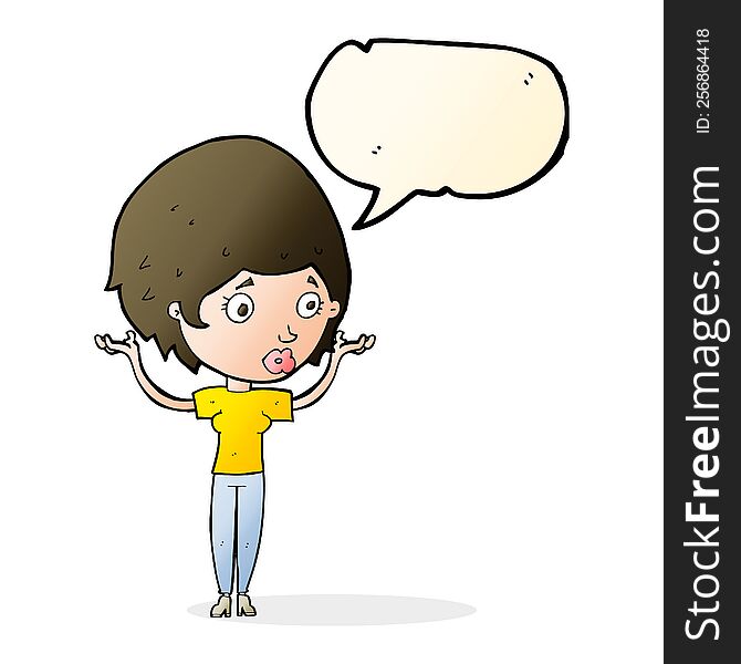 cartoon woman raising hands in air with speech bubble