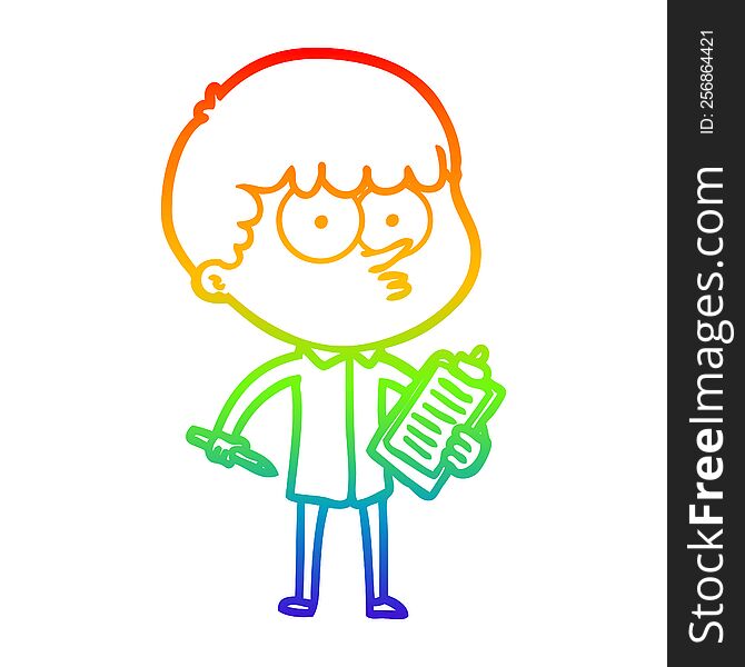 rainbow gradient line drawing of a cartoon curious boy taking notes