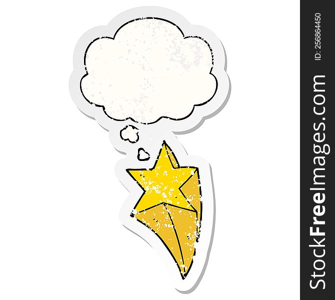 cartoon shooting star with thought bubble as a distressed worn sticker