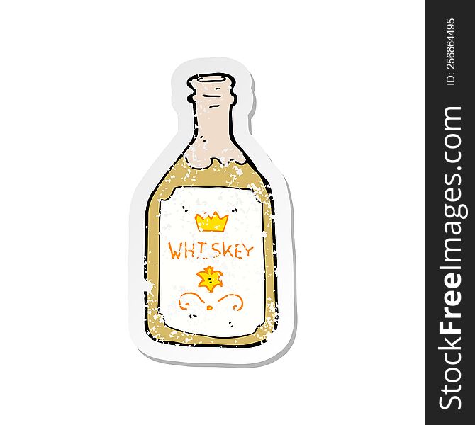retro distressed sticker of a cartoon whiskey bottle