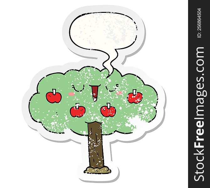 Cartoon Apple Tree And Speech Bubble Distressed Sticker