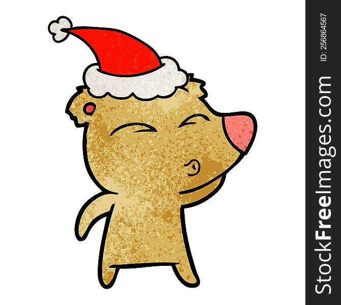 Textured Cartoon Of A Whistling Bear Wearing Santa Hat
