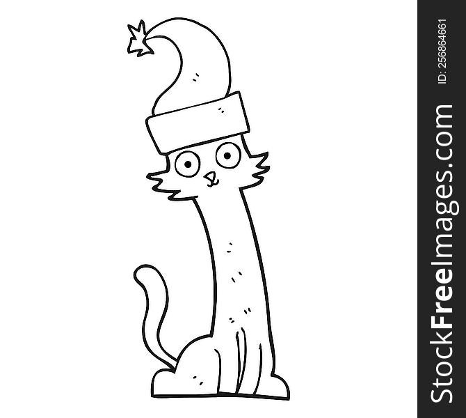 Black And White Cartoon Cat In Christmas Hat