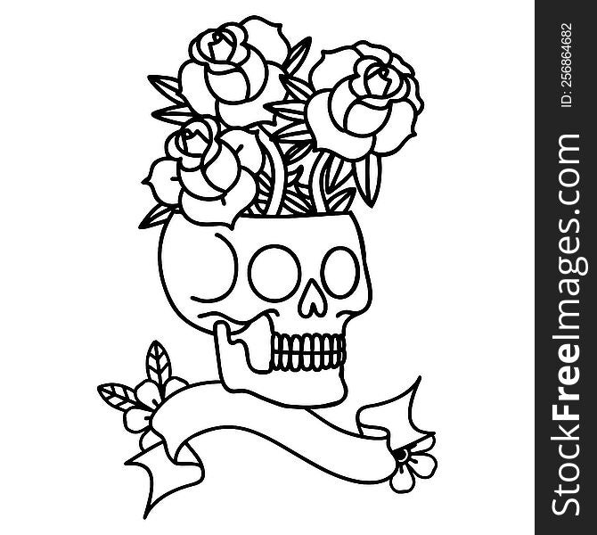 Black Linework Tattoo With Banner Of A Skull And Roses