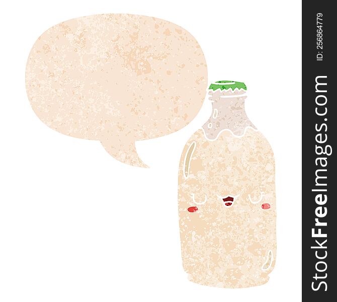 Cute Cartoon Milk Bottle And Speech Bubble In Retro Textured Style