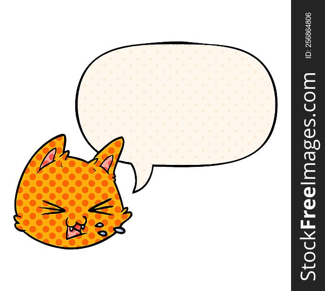 spitting cartoon cat face with speech bubble in comic book style