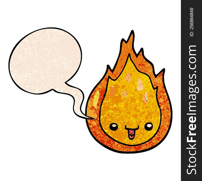 cartoon flame with speech bubble in retro texture style