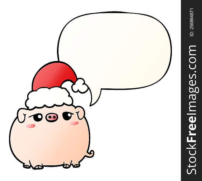 cartoon pig wearing christmas hat and speech bubble in smooth gradient style