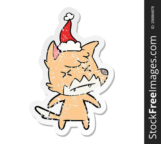 Distressed Sticker Cartoon Of A Dead Fox Wearing Santa Hat