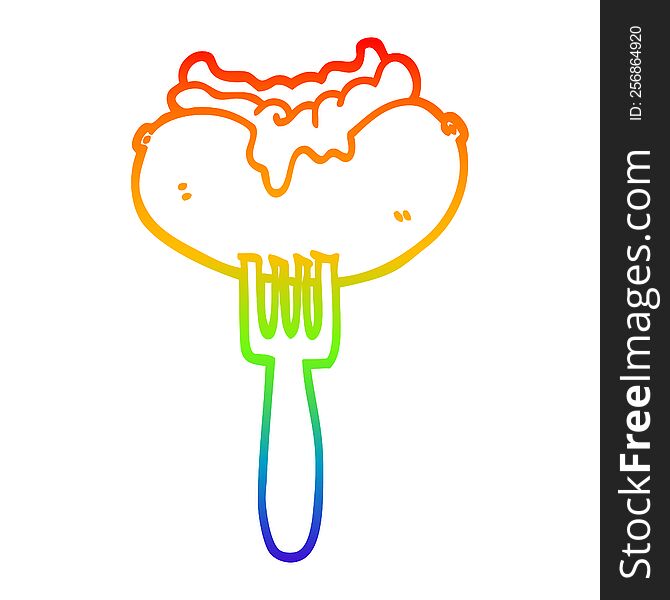 rainbow gradient line drawing cartoon hotdog with mustard and ketchup on fork