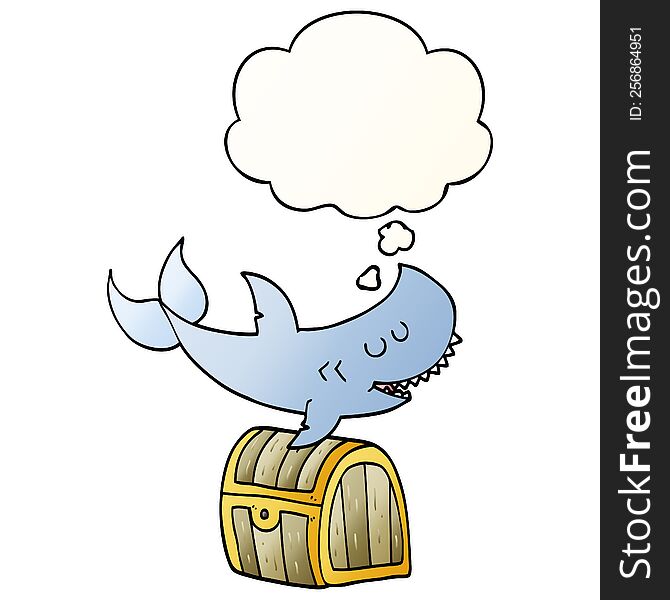 Cartoon Shark Swimming Over Treasure Chest And Thought Bubble In Smooth Gradient Style