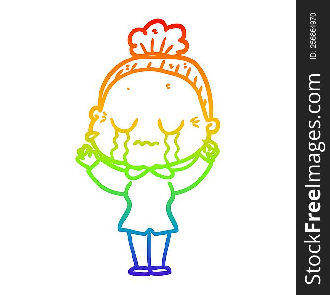 Rainbow Gradient Line Drawing Cartoon Crying Old Lady