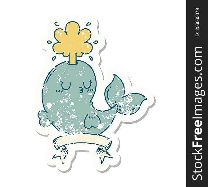 Grunge Sticker Of Tattoo Style Happy Squirting Whale Character