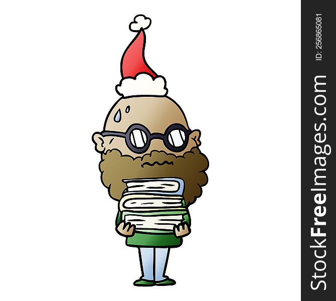 Gradient Cartoon Of A Worried Man With Beard And Stack Of Books Wearing Santa Hat