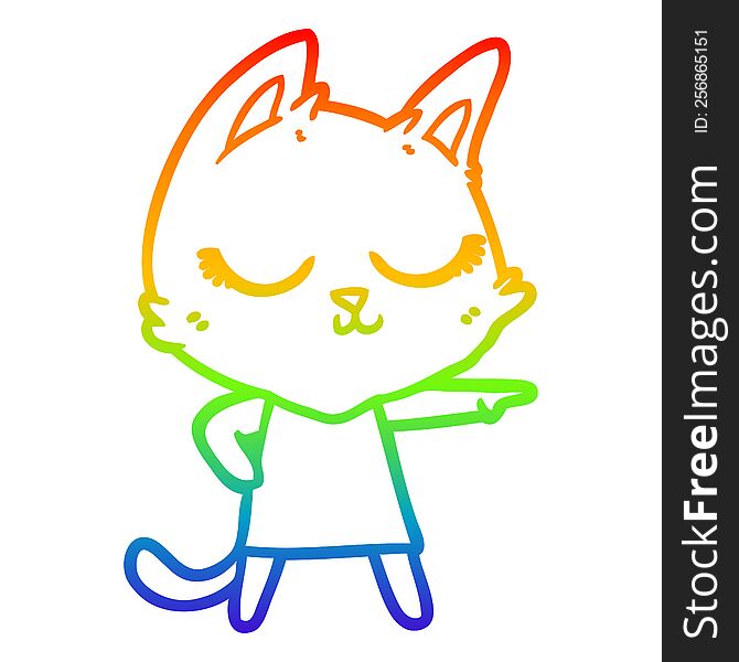 rainbow gradient line drawing of a calm cartoon cat girl pointing
