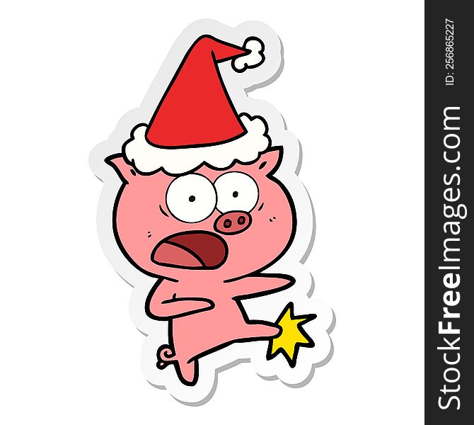 hand drawn sticker cartoon of a pig shouting and kicking wearing santa hat