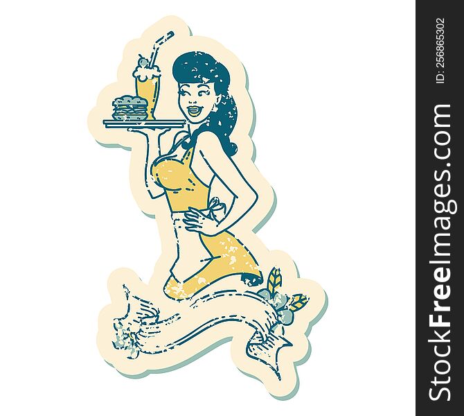 distressed sticker tattoo in traditional style of a pinup waitress girl with banner. distressed sticker tattoo in traditional style of a pinup waitress girl with banner