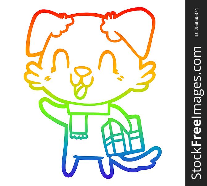 Rainbow Gradient Line Drawing Laughing Cartoon Dog With Christmas Present