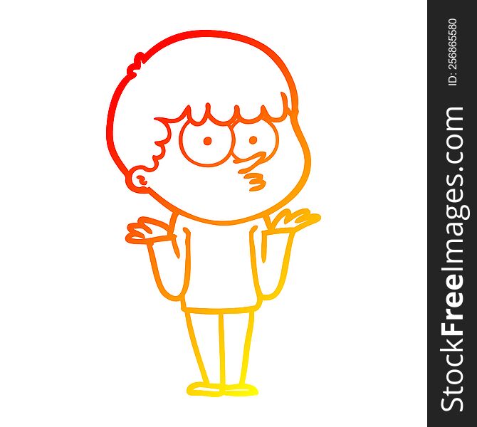 warm gradient line drawing of a cartoon curious boy shrugging shoulders
