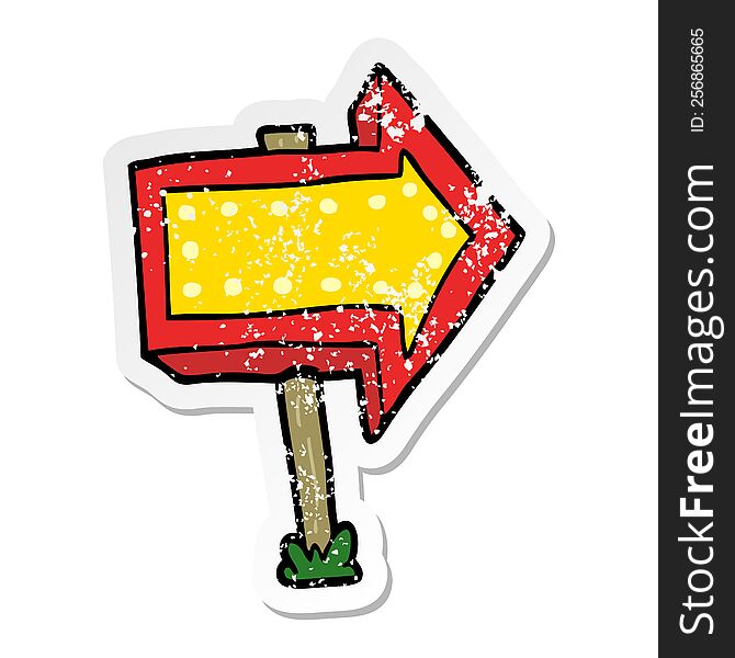 distressed sticker of a cartoon pointing arrow sign
