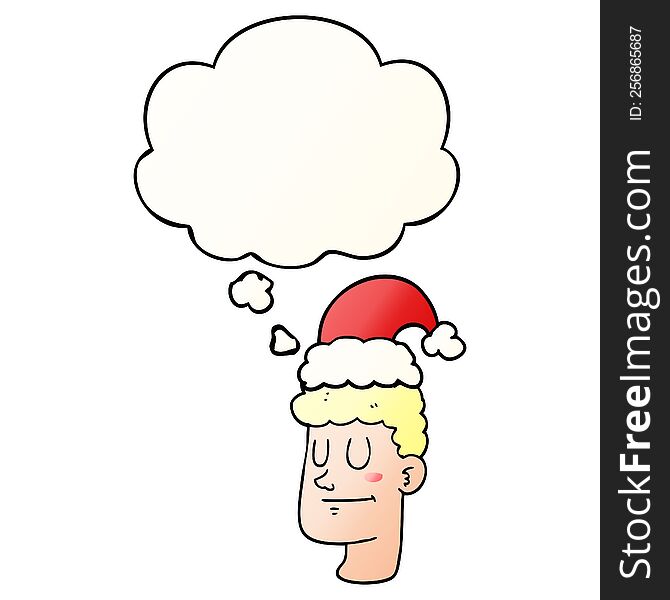 Cartoon Man Wearing Christmas Hat And Thought Bubble In Smooth Gradient Style