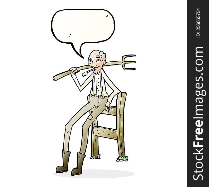 cartoon old farmer leaning on fence with speech bubble