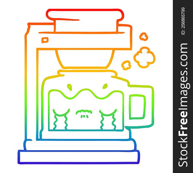 rainbow gradient line drawing of a cartoon crying filter coffee machine
