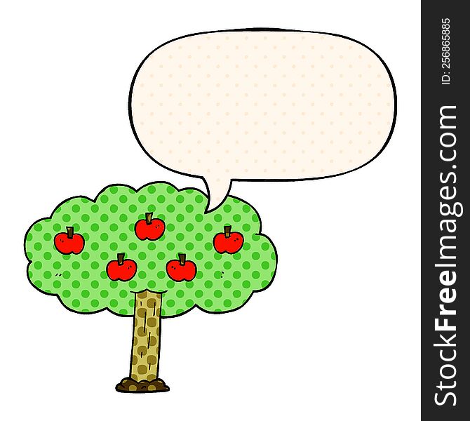 cartoon apple tree with speech bubble in comic book style