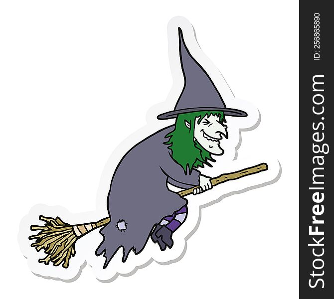 sticker of a cartoon witch on broom