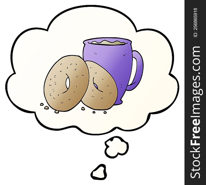 cartoon coffee and donuts with thought bubble in smooth gradient style