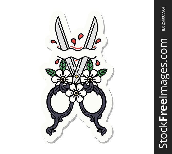 sticker of tattoo in traditional style of barber scissors and flowers. sticker of tattoo in traditional style of barber scissors and flowers