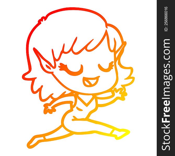 Warm Gradient Line Drawing Happy Cartoon Elf Girl Running