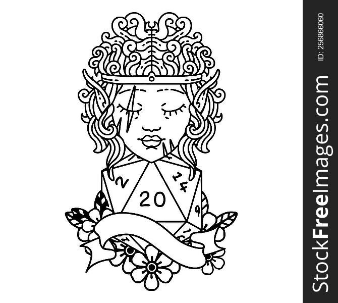 Black and White Tattoo linework Style elf barbarian character face with natural twenty dice roll. Black and White Tattoo linework Style elf barbarian character face with natural twenty dice roll