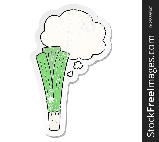 cartoon leek with thought bubble as a distressed worn sticker