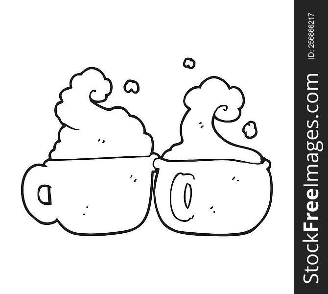 freehand drawn black and white cartoon coffee cups