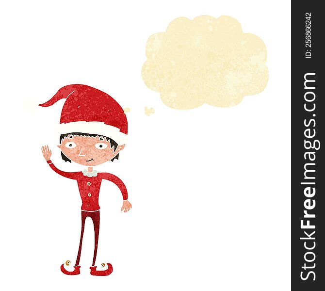cartoon waving christmas elf with thought bubble