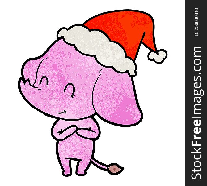 cute textured cartoon of a elephant wearing santa hat