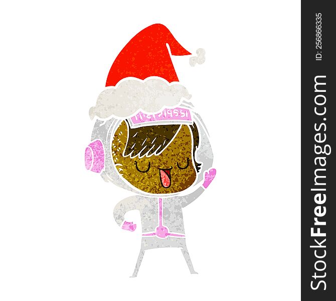 Retro Cartoon Of A Astronaut Woman Wearing Santa Hat