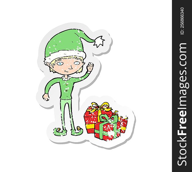 Retro Distressed Sticker Of A Cartoon Christmas Elf