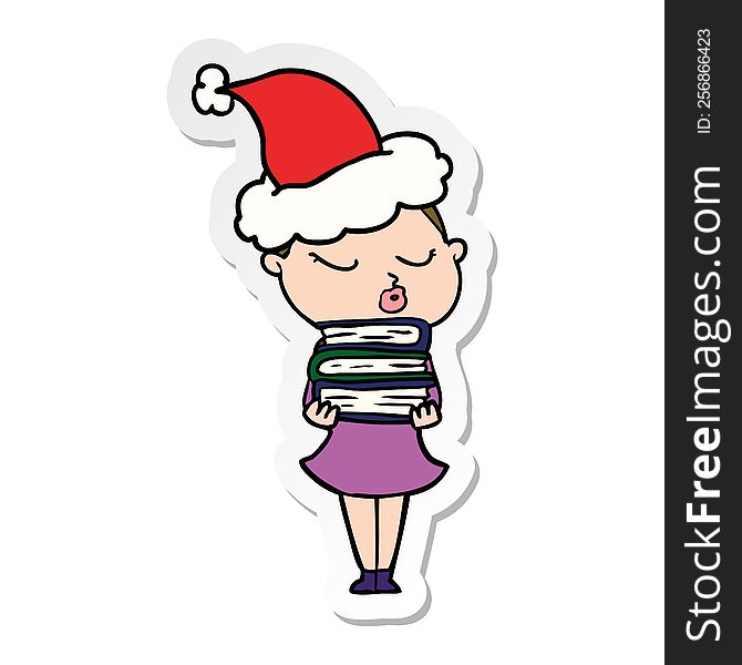hand drawn sticker cartoon of a calm woman wearing santa hat