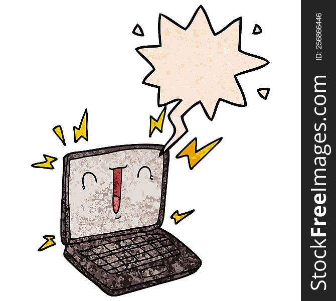 cartoon laptop computer with speech bubble in retro texture style