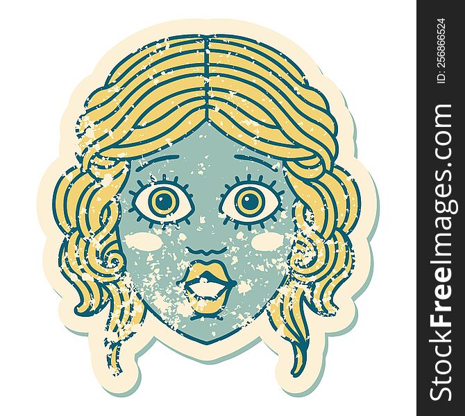 Distressed Sticker Tattoo Style Icon Of Female Face
