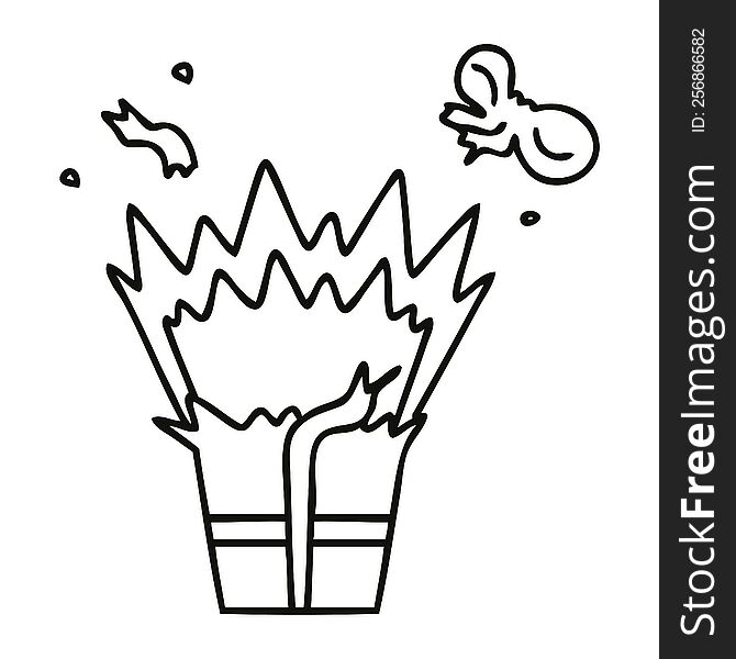 Quirky Line Drawing Cartoon Of An Explosive Present